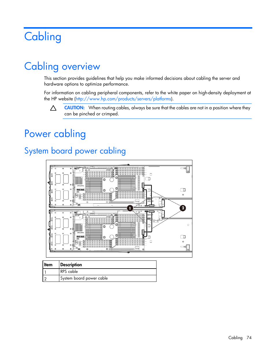 Cabling, Cabling overview, Power cabling | System board power cabling | HP ProLiant SL250s Gen8 Server User Manual | Page 74 / 115