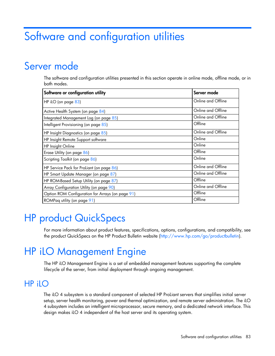 Software and configuration utilities, Server mode, Hp product quickspecs | Hp ilo management engine, Hp ilo | HP ProLiant SL250s Gen8 Server User Manual | Page 83 / 115