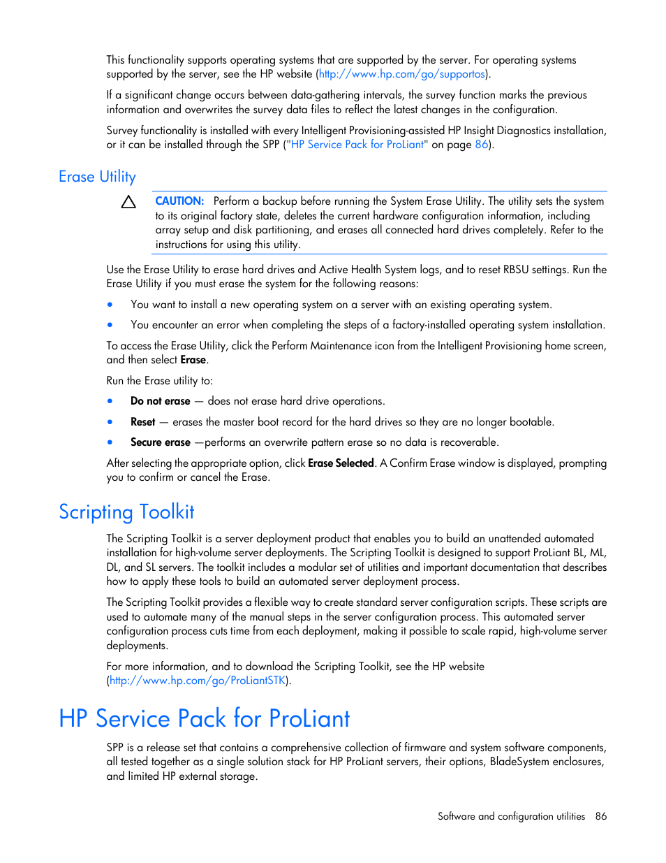 Erase utility, Scripting toolkit, Hp service pack for proliant | HP ProLiant SL250s Gen8 Server User Manual | Page 86 / 115