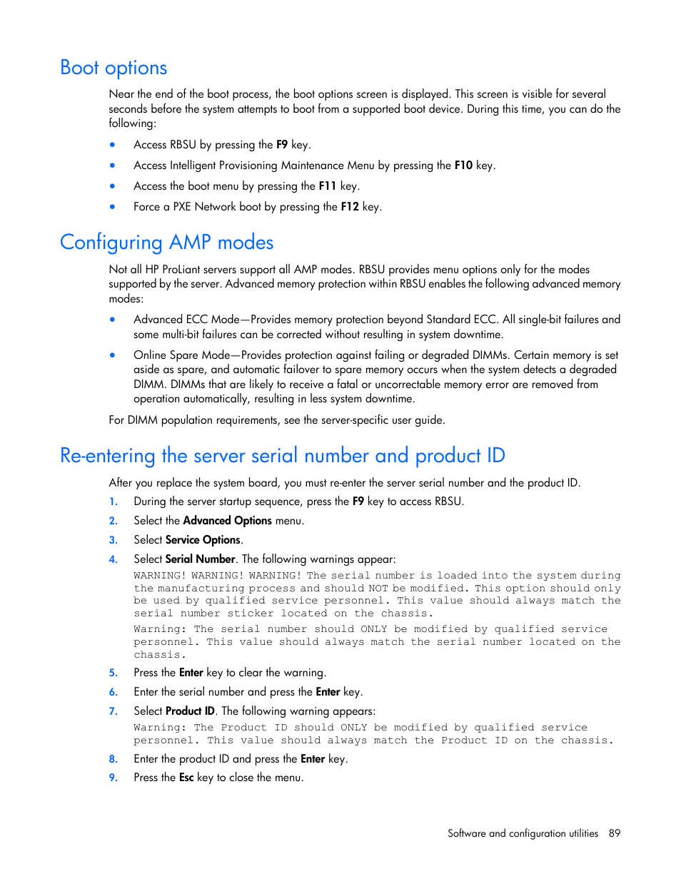 Boot options, Configuring amp modes | HP ProLiant SL250s Gen8 Server User Manual | Page 89 / 115