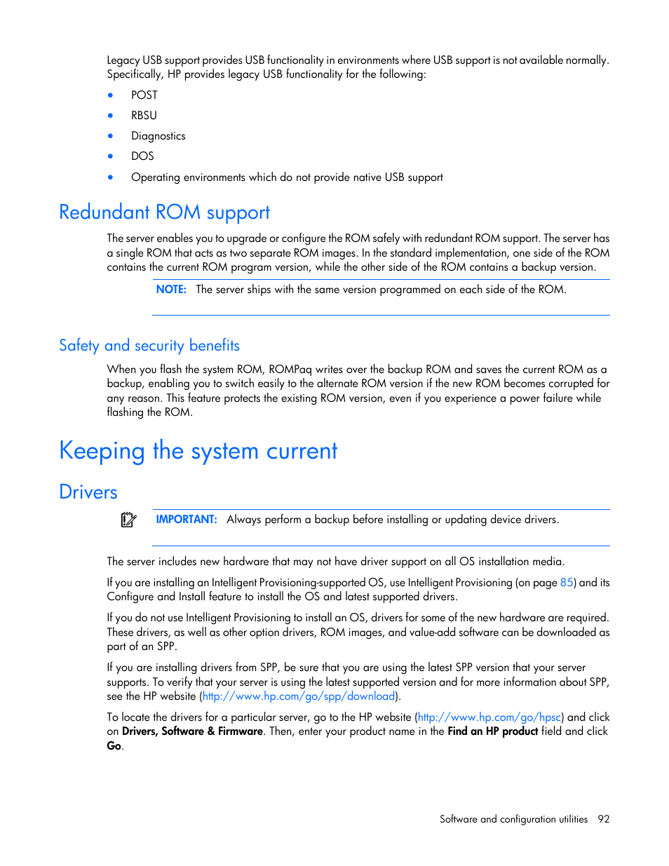 Redundant rom support, Safety and security benefits, Keeping the system current | Drivers | HP ProLiant SL250s Gen8 Server User Manual | Page 92 / 115