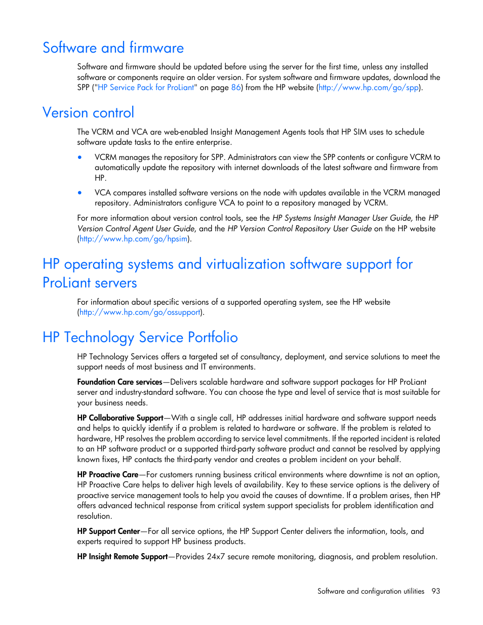 Software and firmware, Version control, Hp technology service portfolio | HP ProLiant SL250s Gen8 Server User Manual | Page 93 / 115