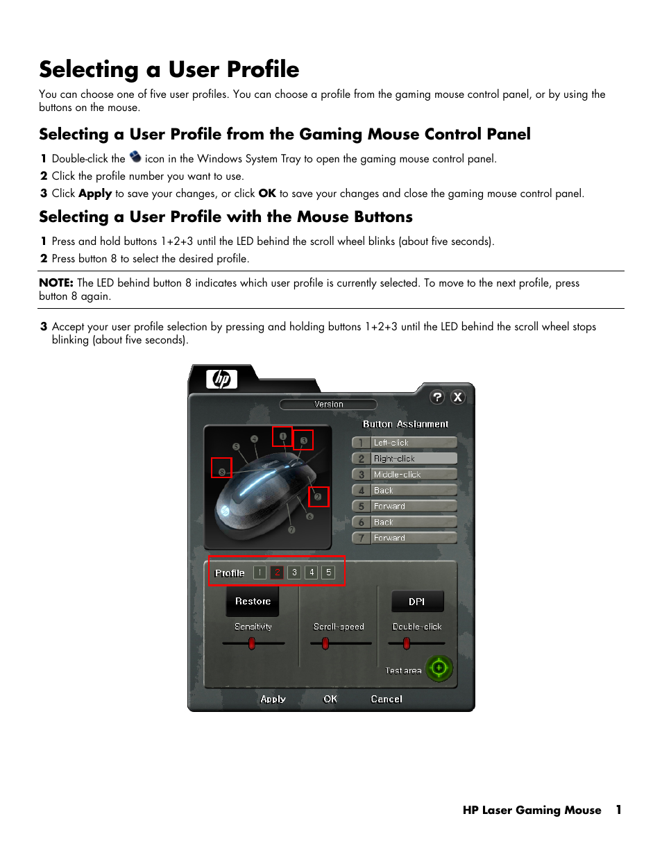 Selecting a user profile, Selecting a user profile with the mouse buttons | HP Laser Gaming Mouse User Manual | Page 3 / 7