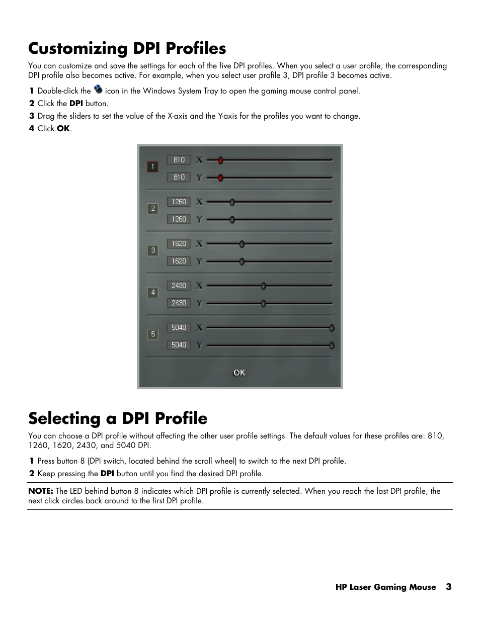Customizing dpi profiles, Selecting a dpi profile | HP Laser Gaming Mouse User Manual | Page 5 / 7