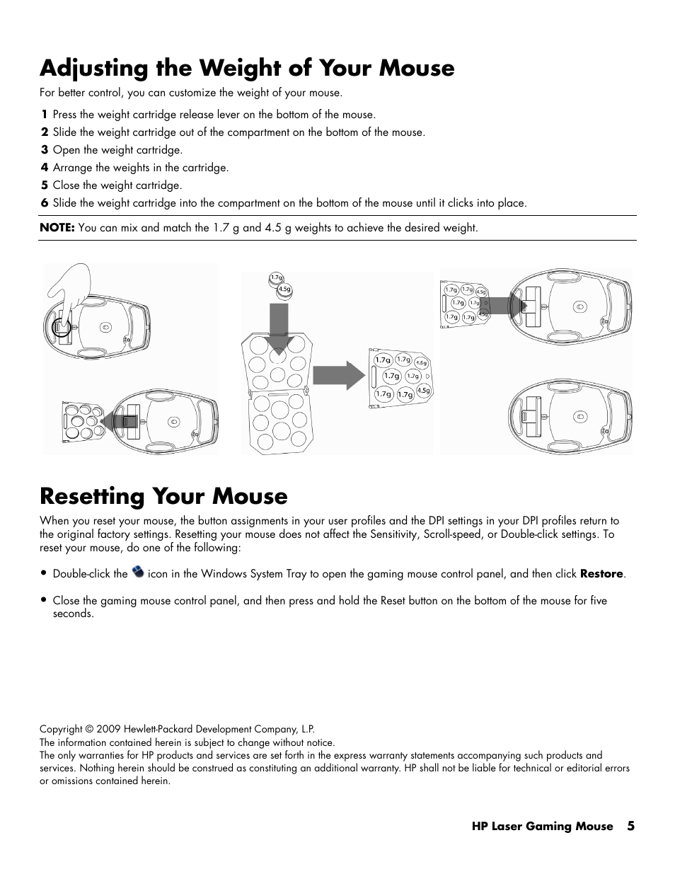 Adjusting the weight of your mouse, Resetting your mouse | HP Laser Gaming Mouse User Manual | Page 7 / 7