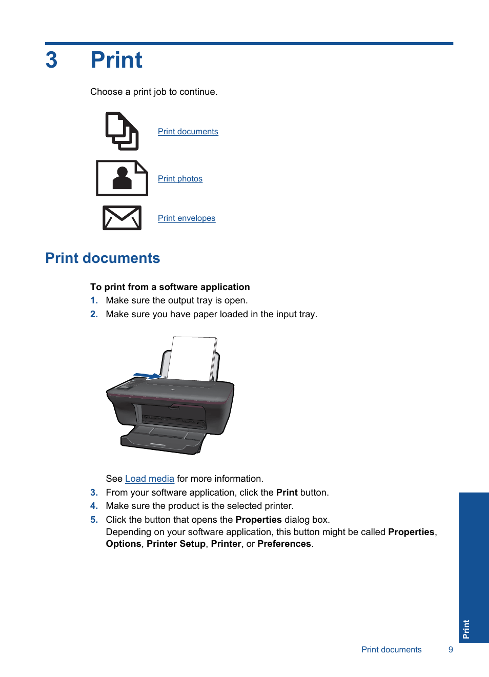 Print, Print documents, 3 print | 3print | HP Deskjet 3050 User Manual | Page 11 / 66