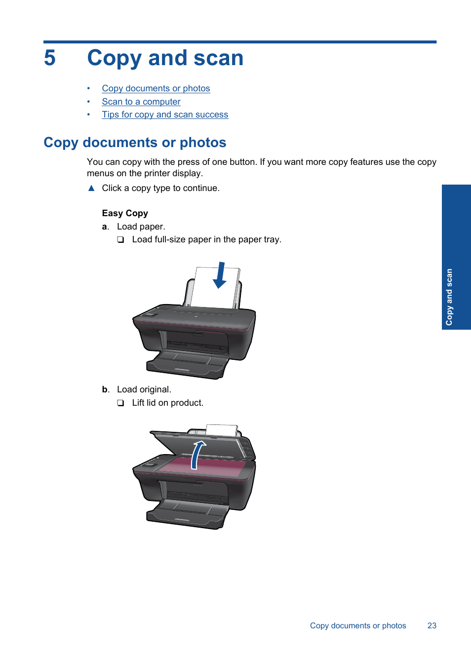 Copy and scan, Copy documents or photos, 5 copy and scan | 5copy and scan | HP Deskjet 3050 User Manual | Page 25 / 66