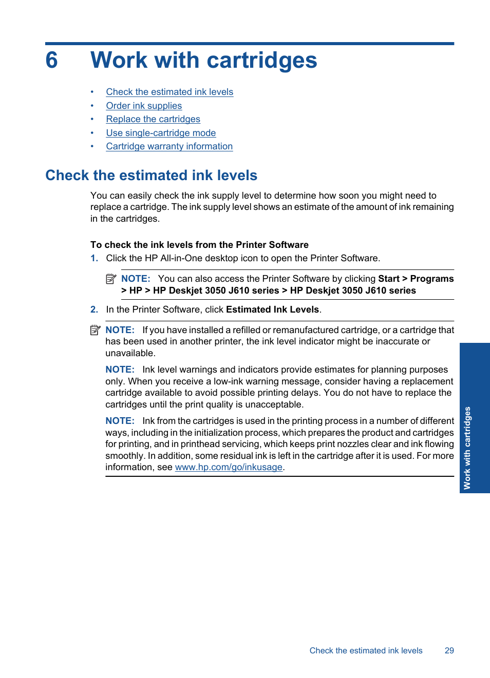 Work with cartridges, Check the estimated ink levels, 6 work with cartridges | 6work with cartridges | HP Deskjet 3050 User Manual | Page 31 / 66