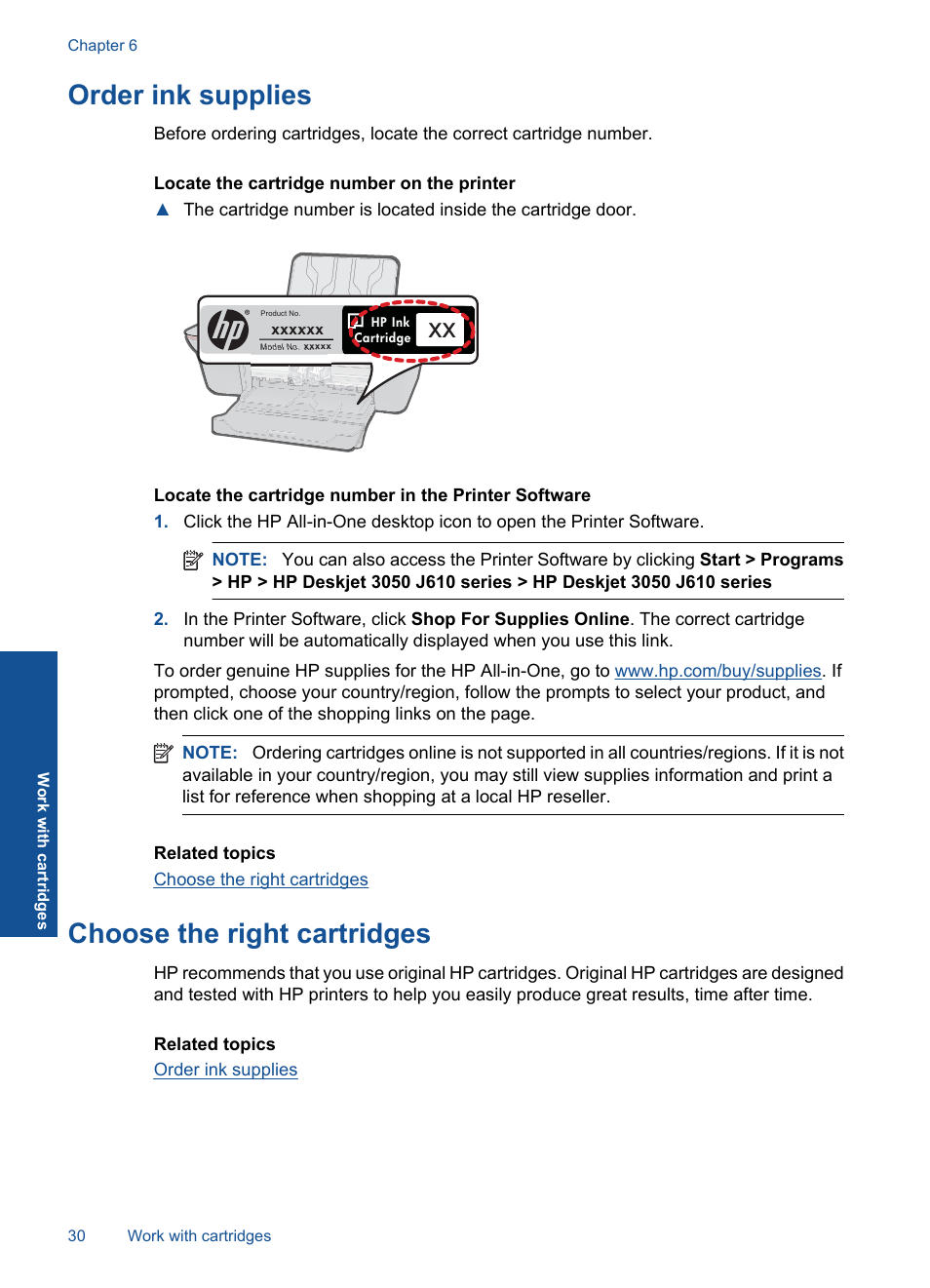 Order ink supplies, Choose the right cartridges | HP Deskjet 3050 User Manual | Page 32 / 66