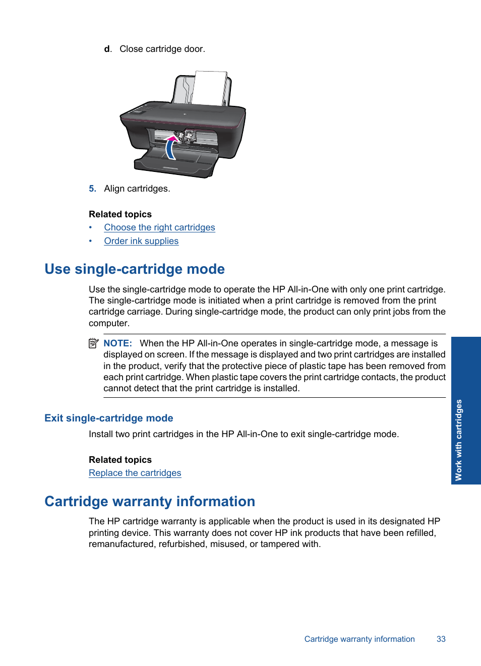 Use single-cartridge mode, Exit single-cartridge mode, Cartridge warranty information | HP Deskjet 3050 User Manual | Page 35 / 66