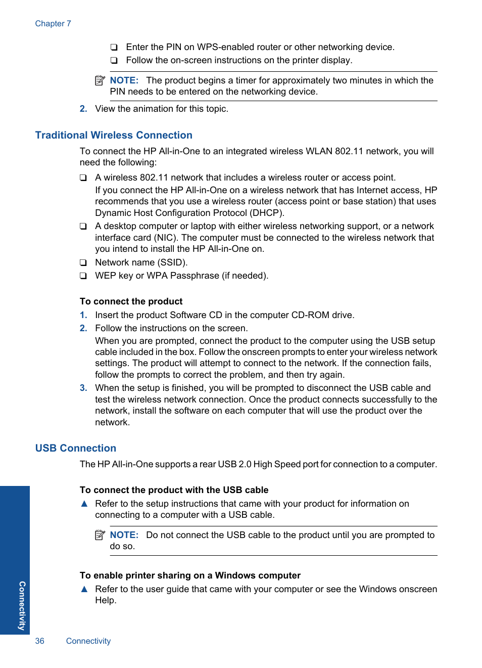 Traditional wireless connection, Usb connection | HP Deskjet 3050 User Manual | Page 38 / 66