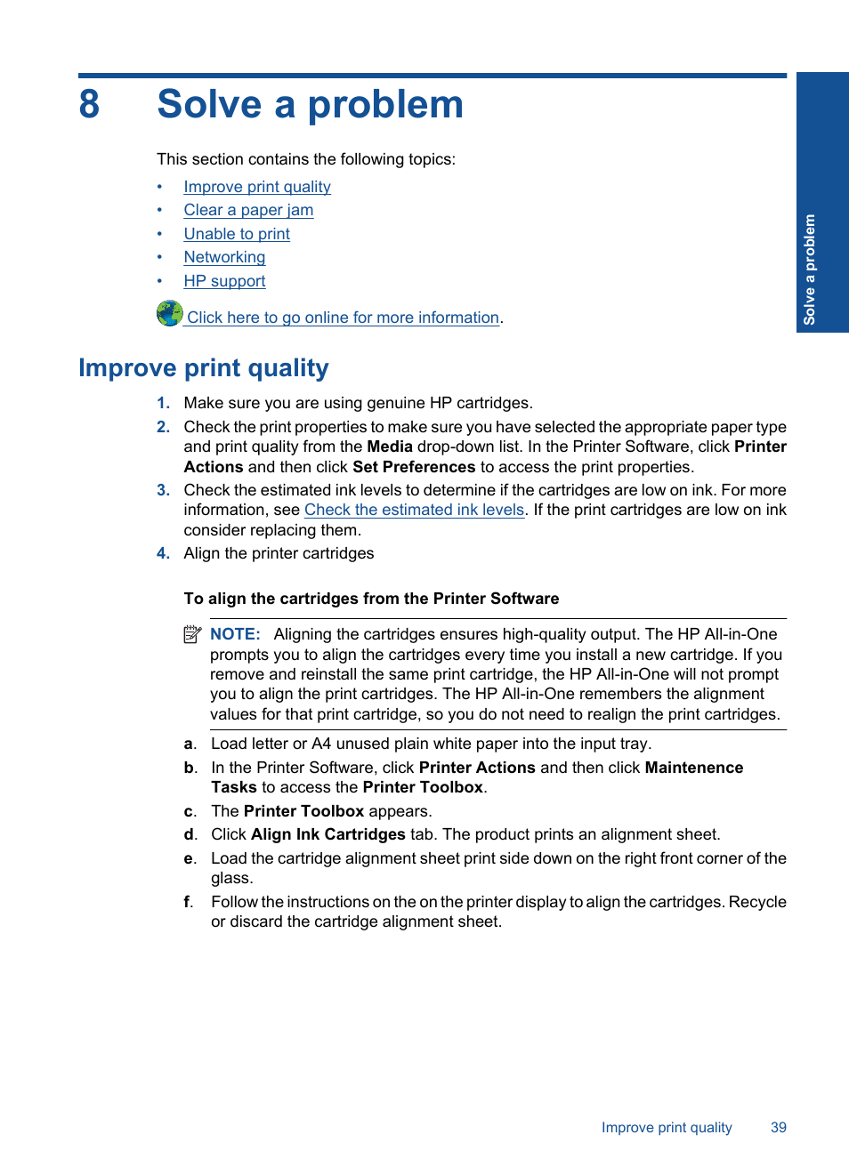 Solve a problem, Improve print quality, 8 solve a problem | 8solve a problem | HP Deskjet 3050 User Manual | Page 41 / 66