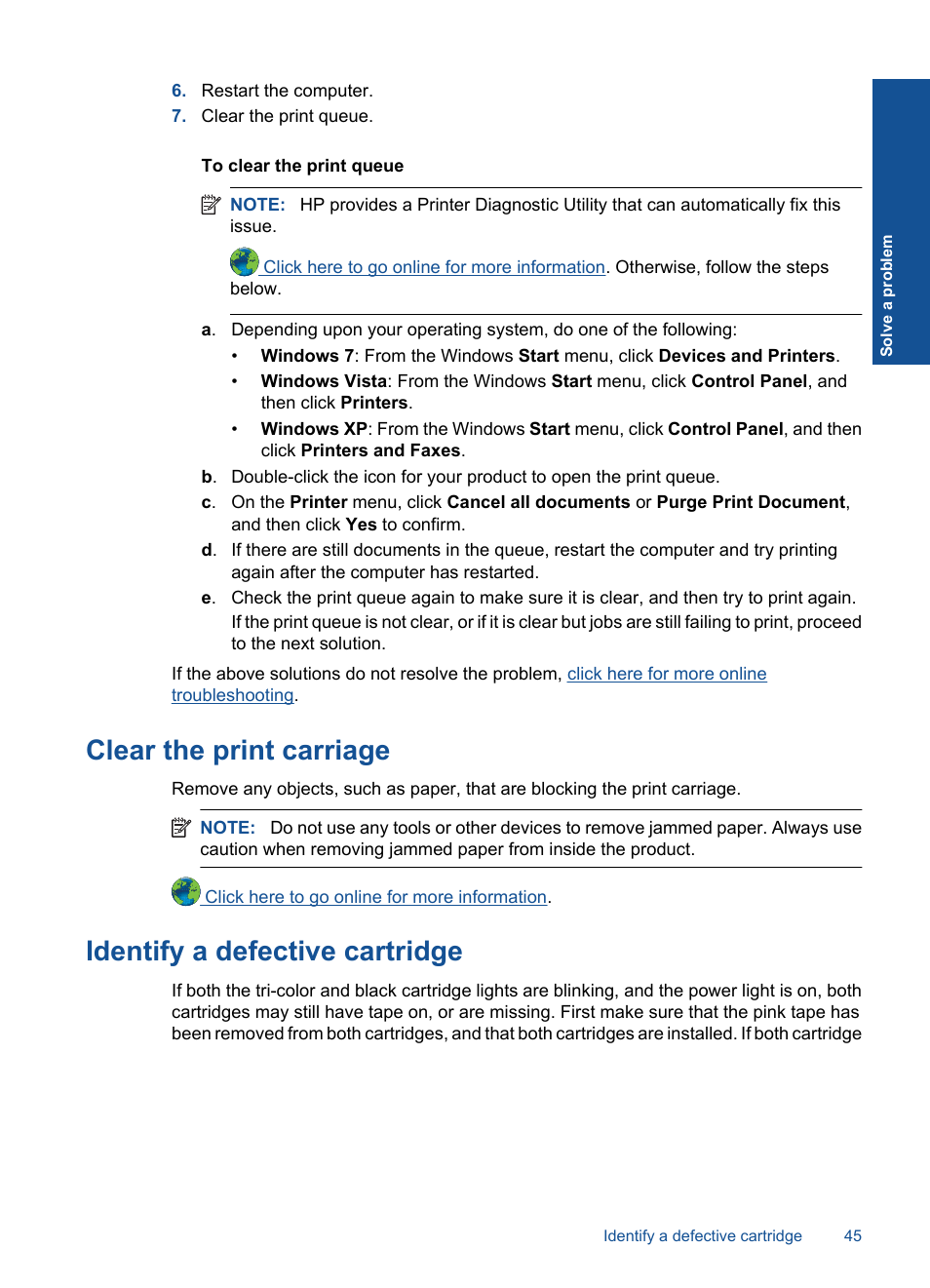 Clear, The print carriage, Identify a defective cartridge | To iden, Clear the print carriage | HP Deskjet 3050 User Manual | Page 47 / 66