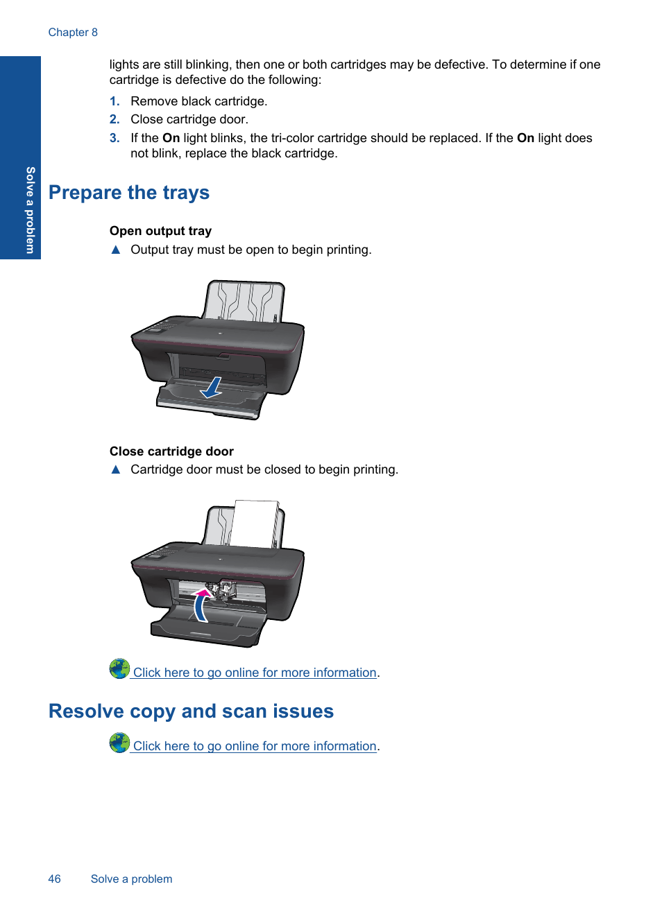 Prepare the trays, Prepare the, Trays | Resolve copy and scan issues | HP Deskjet 3050 User Manual | Page 48 / 66