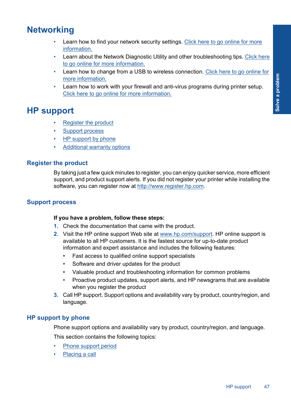 Networking, Hp support, Register the product | Support process, Hp support by phone, Networking hp support | HP Deskjet 3050 User Manual | Page 49 / 66
