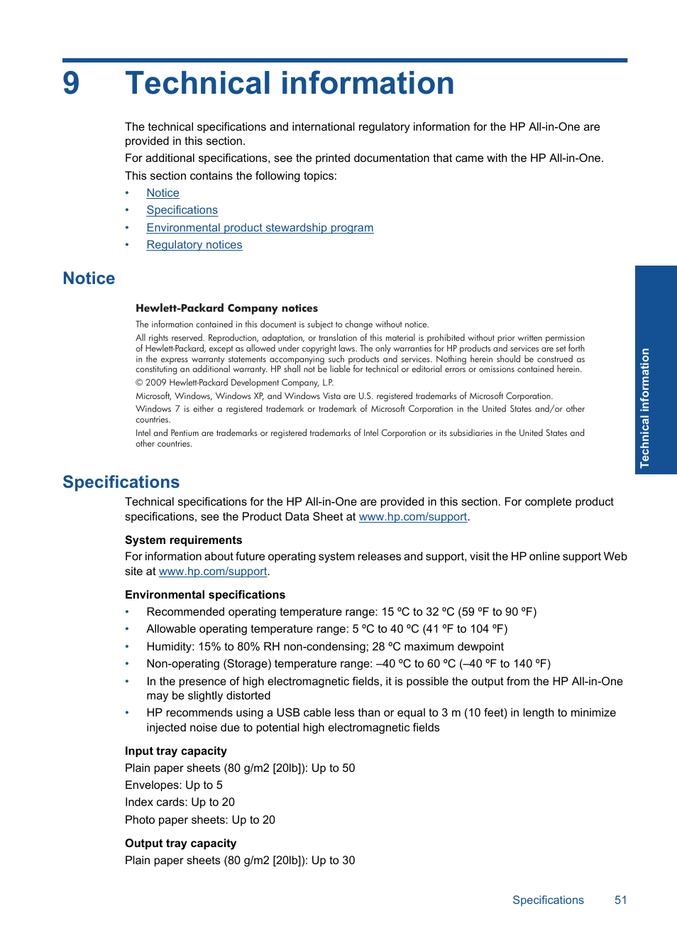 Technical information, Notice, Specifications | 9 technical information, Notice specifications, 9technical information | HP Deskjet 3050 User Manual | Page 53 / 66