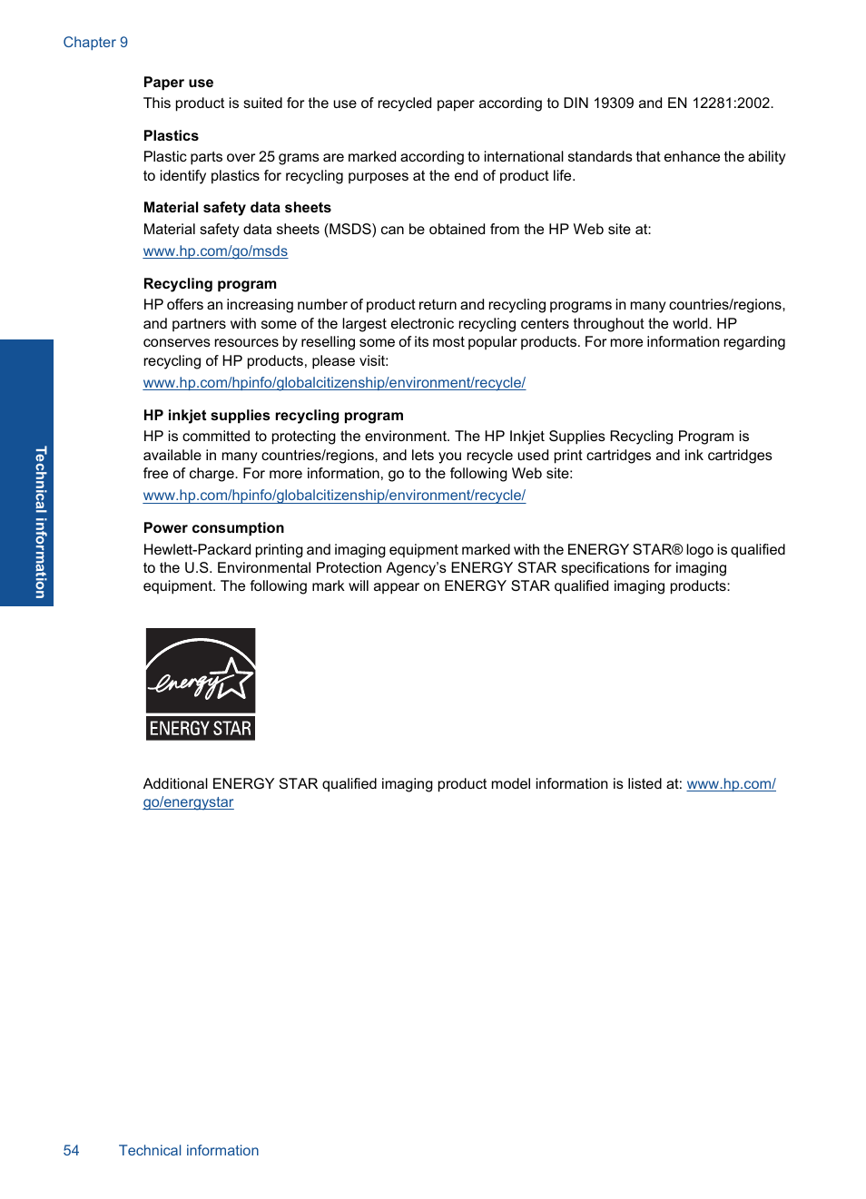 Paper use, Plastics, Material safety data sheets | Recycling program, Hp inkjet supplies recycling program, Power consumption | HP Deskjet 3050 User Manual | Page 56 / 66