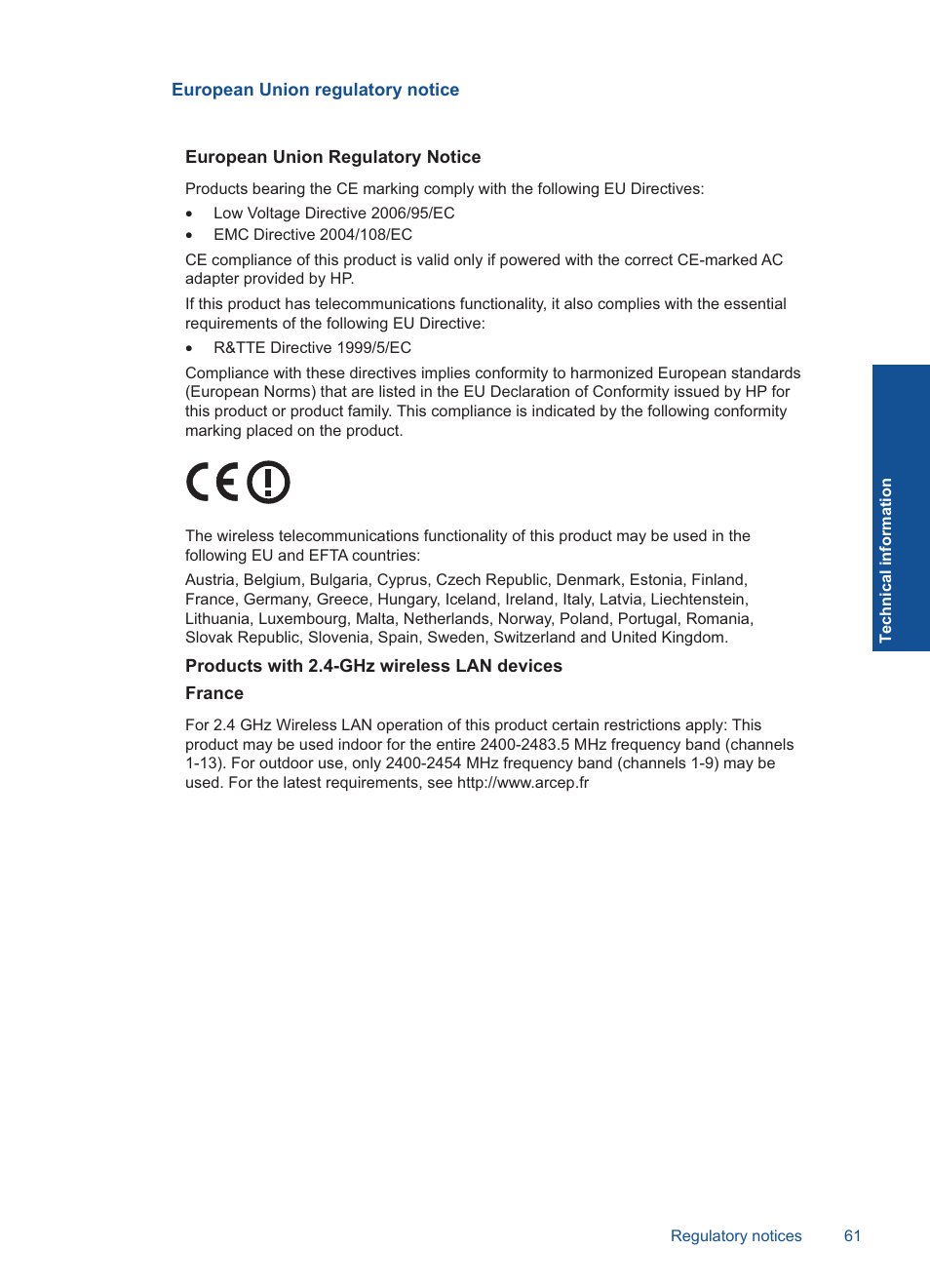 European union regulatory notice | HP Deskjet 3050 User Manual | Page 63 / 66