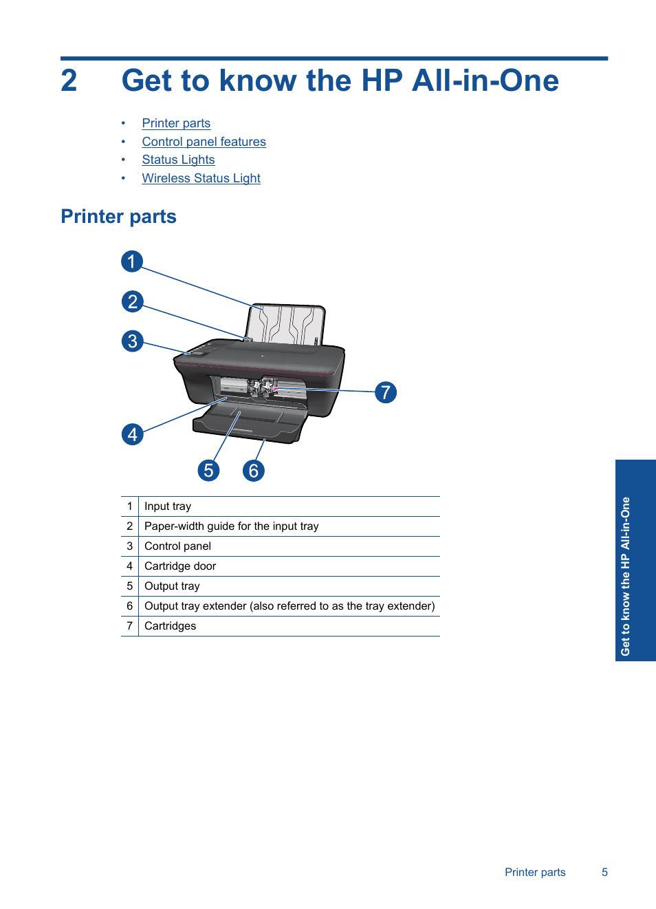 Get to know the hp all-in-one, Printer parts, 2 get to know the hp all-in-one | 2get to know the hp all-in-one | HP Deskjet 3050 User Manual | Page 7 / 66