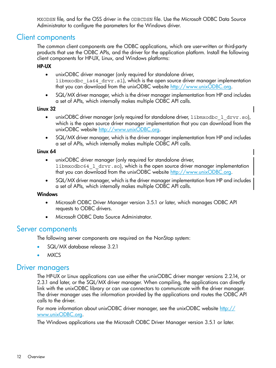 Client components, Server components, Driver managers | HP Integrity NonStop H-Series User Manual | Page 12 / 62