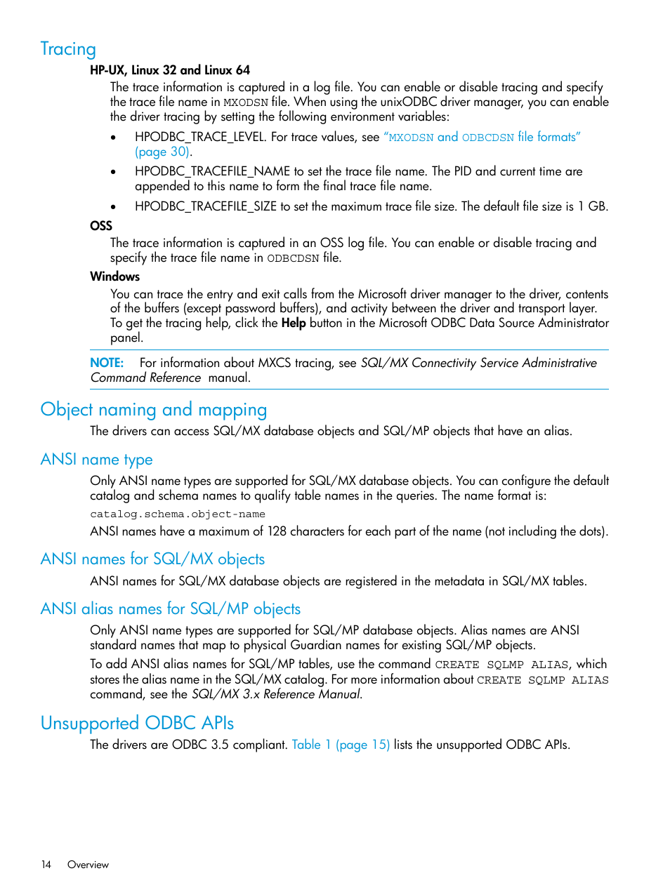 Tracing, Object naming and mapping, Ansi name type | Ansi names for sql/mx objects, Ansi alias names for sql/mp objects, Unsupported odbc apis, Tracing object naming and mapping | HP Integrity NonStop H-Series User Manual | Page 14 / 62