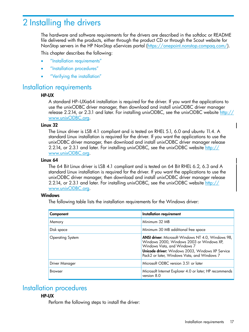 2 installing the drivers, Installation requirements, Installation procedures | Installation requirements installation procedures, Chapter 2: installing the drivers | HP Integrity NonStop H-Series User Manual | Page 17 / 62