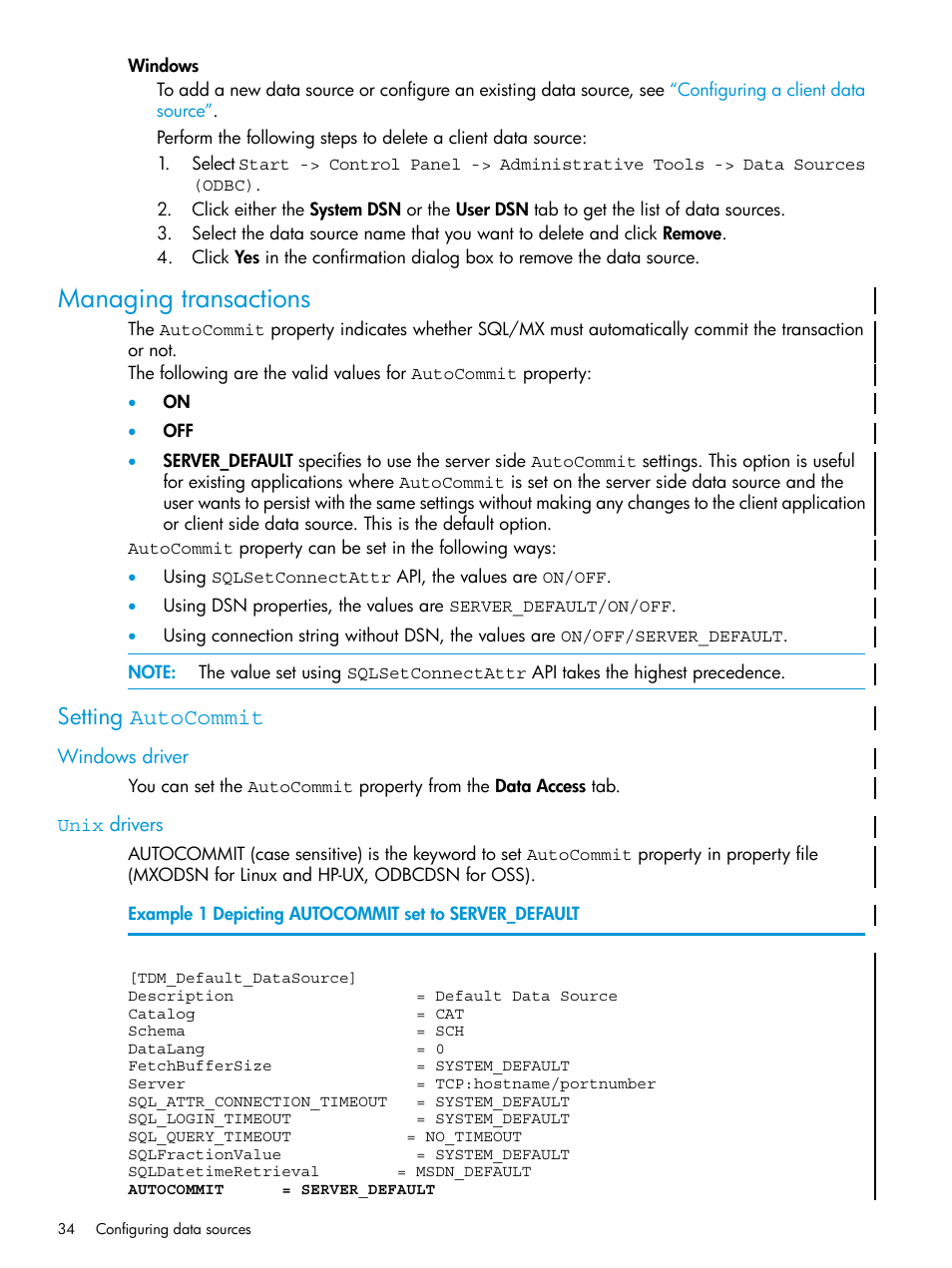 Managing transactions, Setting ​​autocommit, Windows driver | Unix​​ drivers, Setting autocommit, Managing | HP Integrity NonStop H-Series User Manual | Page 34 / 62