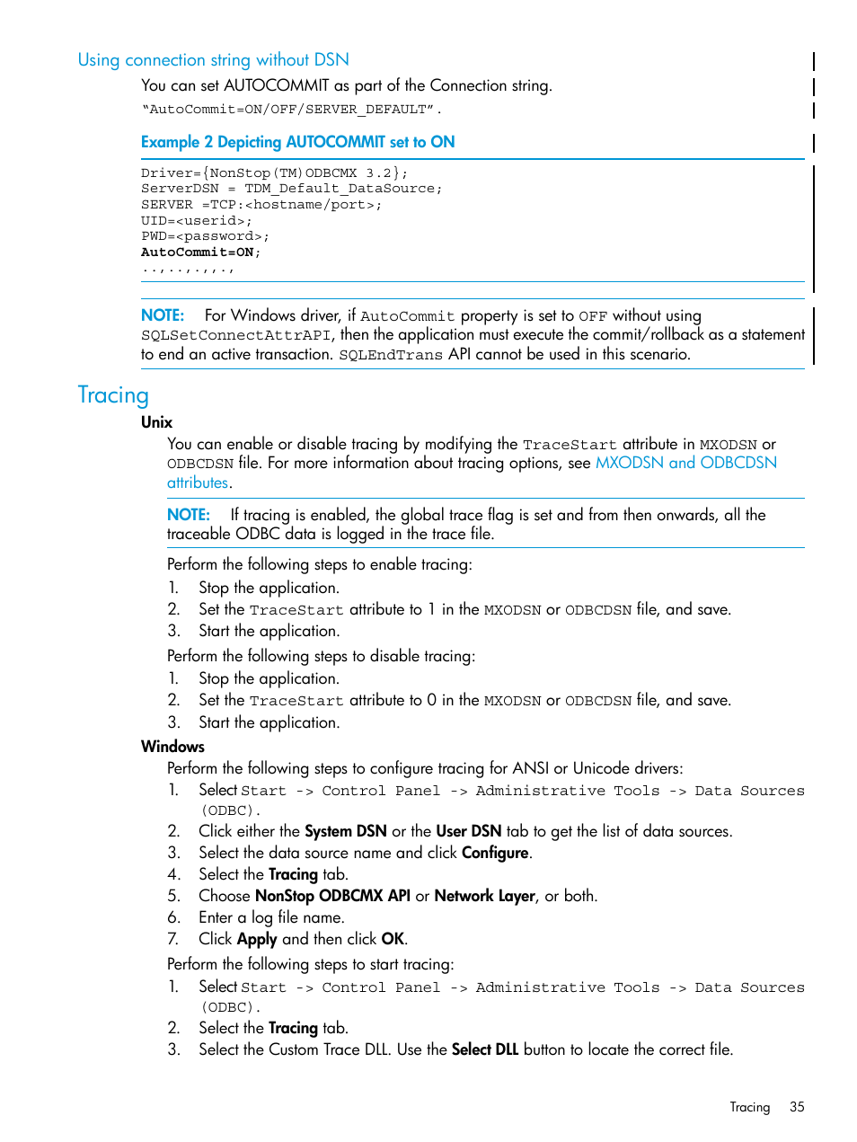 Using connection string without dsn, Tracing | HP Integrity NonStop H-Series User Manual | Page 35 / 62