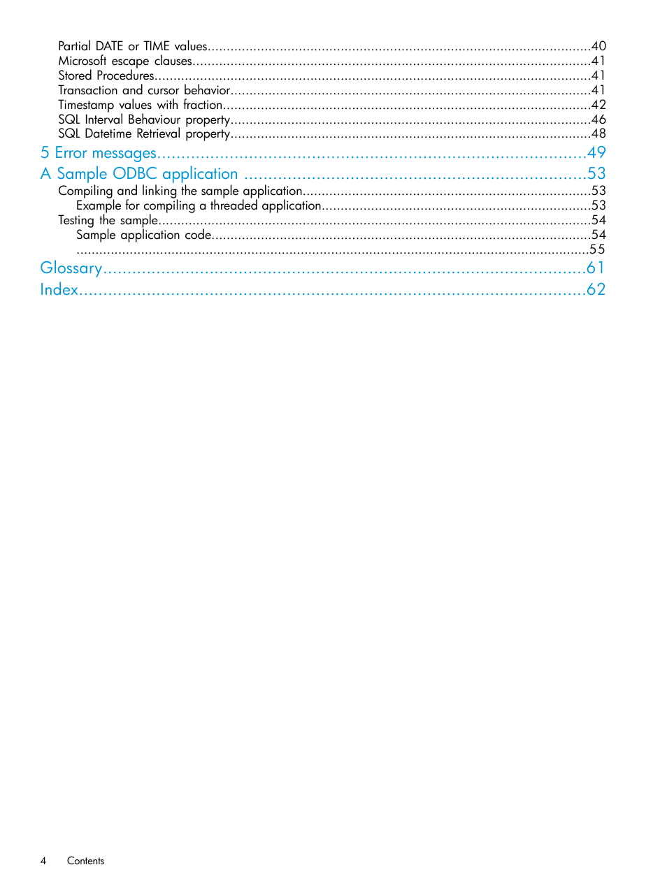 5 error messages a sample odbc application, Glossary index | HP Integrity NonStop H-Series User Manual | Page 4 / 62