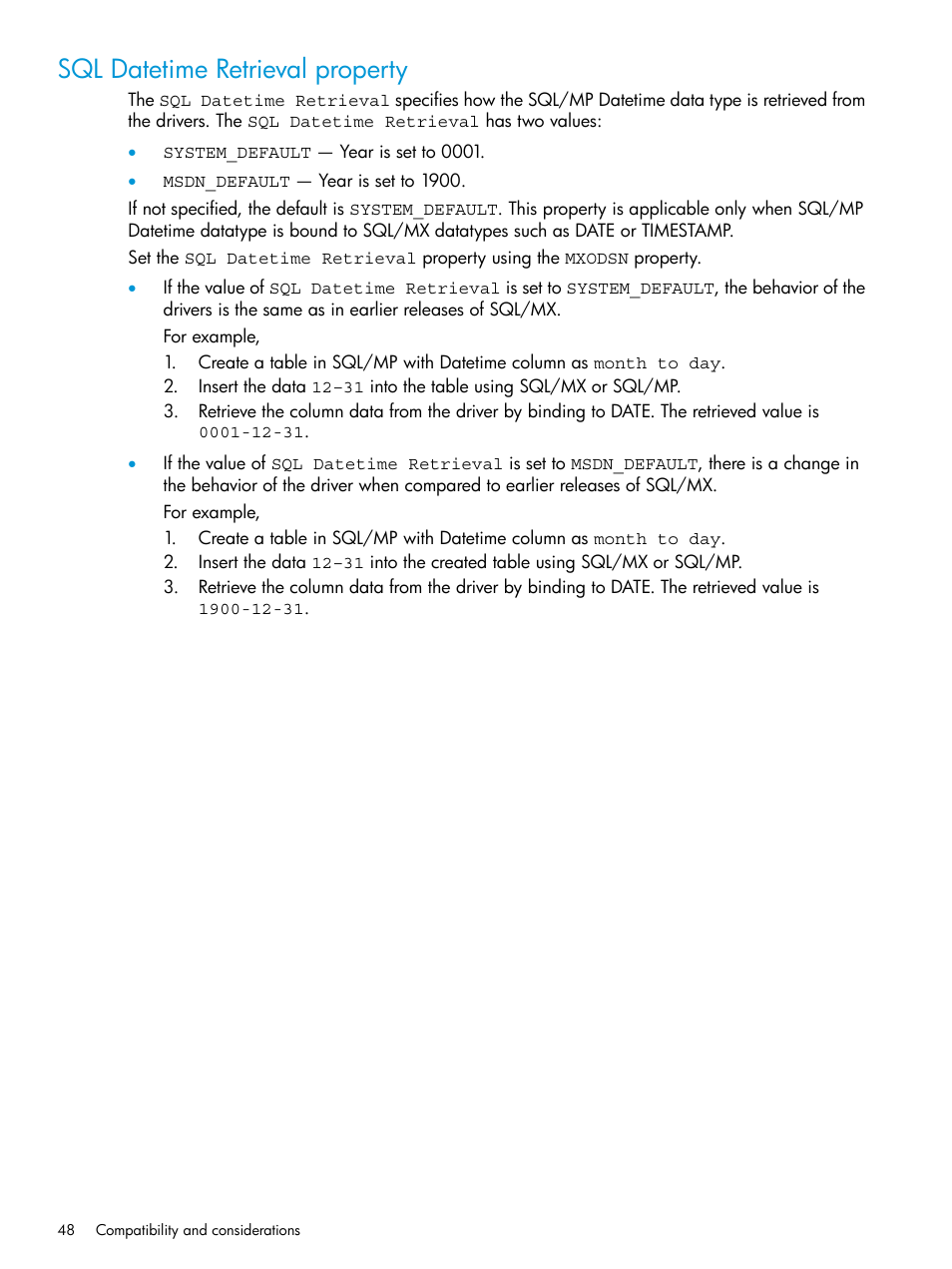 Sql datetime retrieval property, Sql datetime | HP Integrity NonStop H-Series User Manual | Page 48 / 62