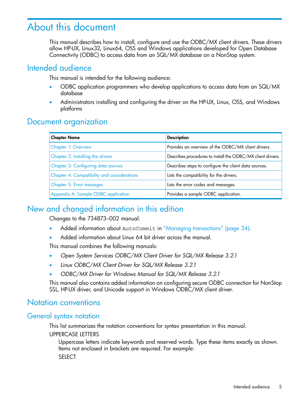 About this document, Intended audience, Document organization | New and changed information in this edition, Notation conventions, General syntax notation | HP Integrity NonStop H-Series User Manual | Page 5 / 62