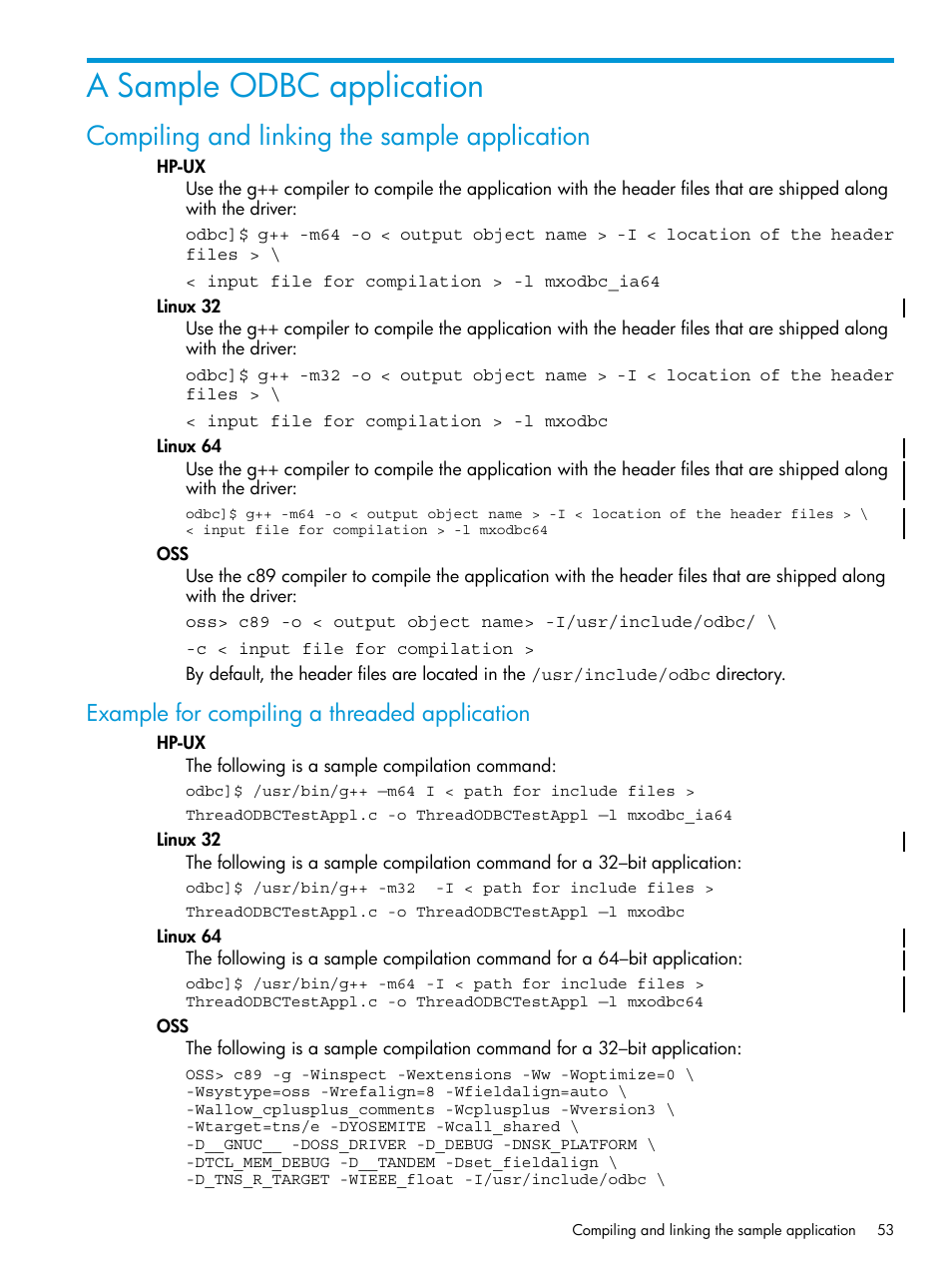 A sample odbc application, Compiling and linking the sample application, Example for compiling a threaded application | Appendix a: sample odbc application | HP Integrity NonStop H-Series User Manual | Page 53 / 62