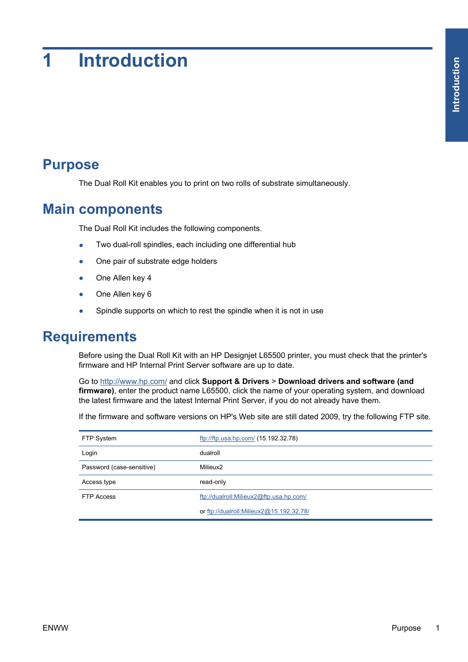 Introduction, Purpose, Main components | Requirements, 1 introduction, Purpose main components requirements, 1introduction | HP Scitex LX800 Industrial Printer series User Manual | Page 5 / 16