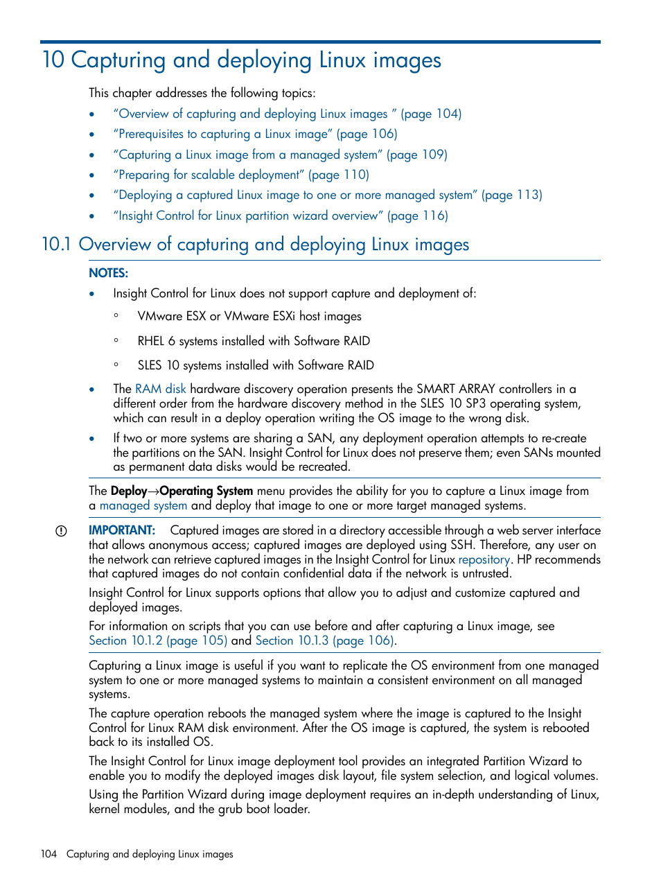 10 capturing and deploying linux images, 1 overview of capturing and deploying linux images | HP Insight Control Software for Linux User Manual | Page 104 / 273