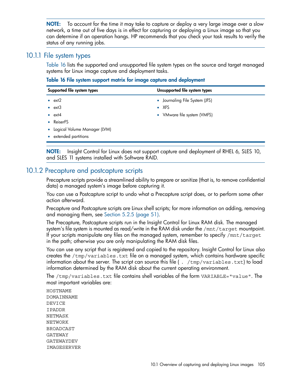 1 file system types, 2 precapture and postcapture scripts | HP Insight Control Software for Linux User Manual | Page 105 / 273