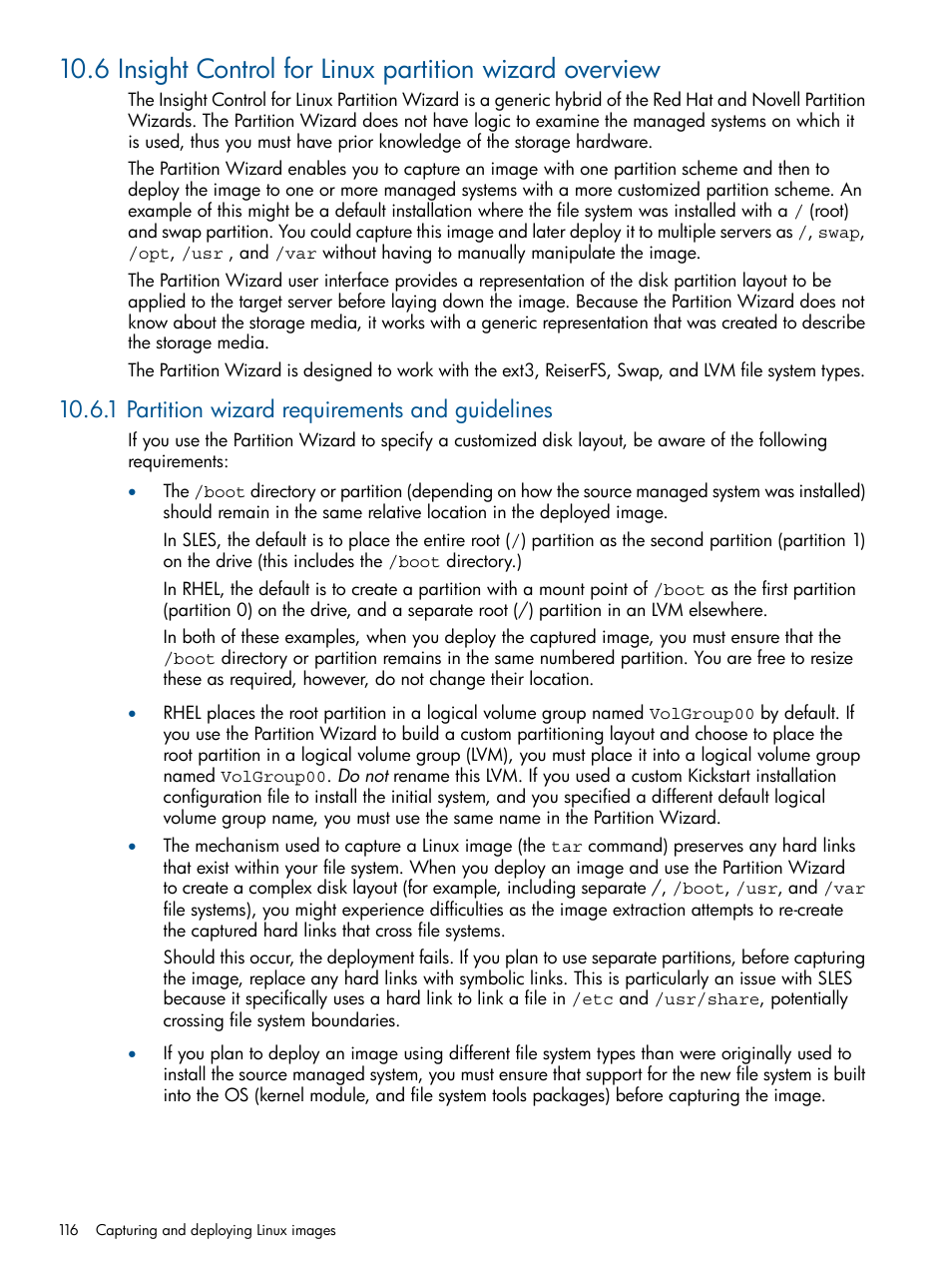 1 partition wizard requirements and guidelines | HP Insight Control Software for Linux User Manual | Page 116 / 273