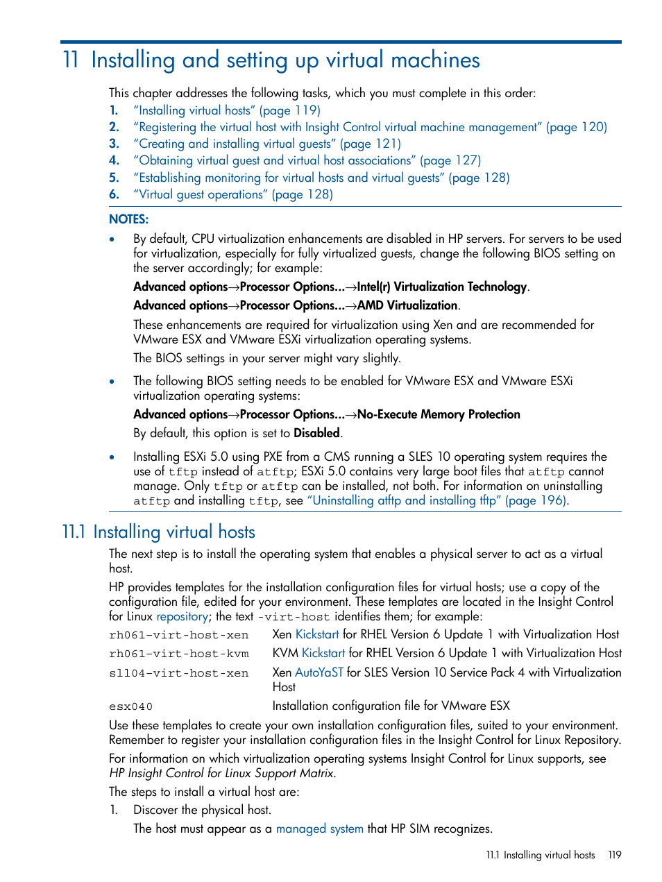 11 installing and setting up virtual machines, 1 installing virtual hosts | HP Insight Control Software for Linux User Manual | Page 119 / 273