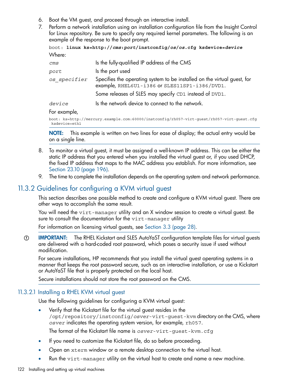 2 guidelines for configuring a kvm virtual guest, 1 installing a rhel kvm virtual guest | HP Insight Control Software for Linux User Manual | Page 122 / 273