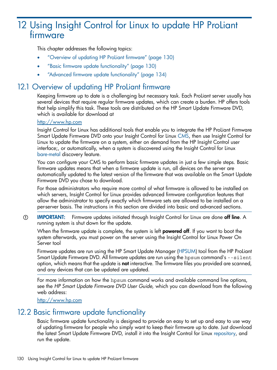 1 overview of updating hp proliant firmware, 2 basic firmware update functionality | HP Insight Control Software for Linux User Manual | Page 130 / 273