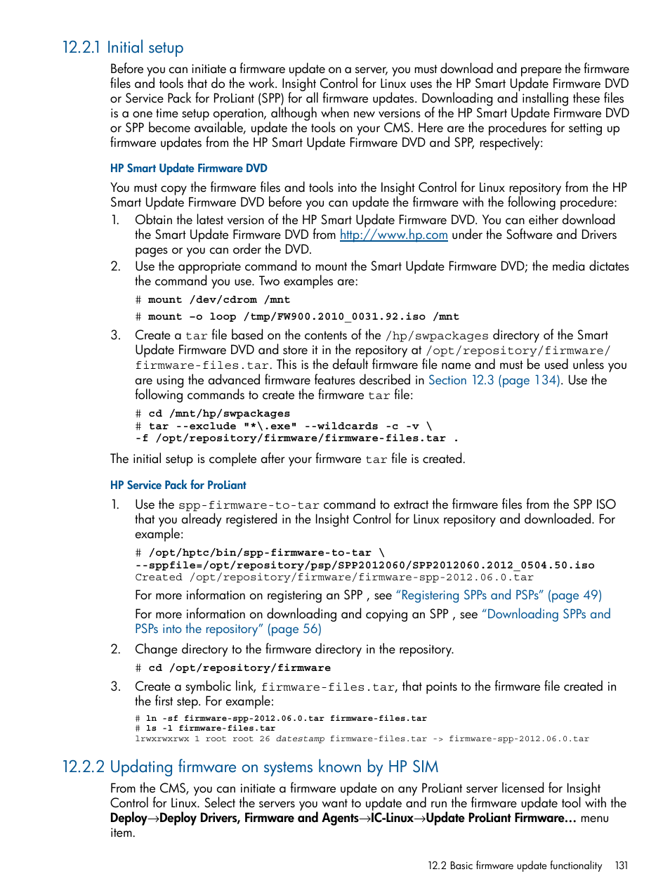 1 initial setup, 2 updating firmware on systems known by hp sim | HP Insight Control Software for Linux User Manual | Page 131 / 273