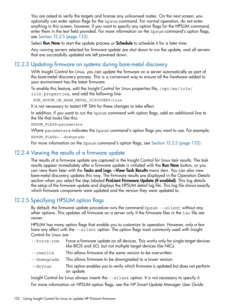 4 viewing the results of a firmware update, 5 specifying hpsum option flags | HP Insight Control Software for Linux User Manual | Page 132 / 273