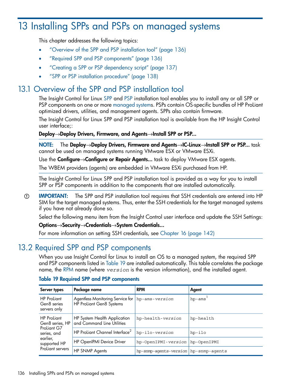 13 installing spps and psps on managed systems, 1 overview of the spp and psp installation tool, 2 required spp and psp components | HP Insight Control Software for Linux User Manual | Page 136 / 273