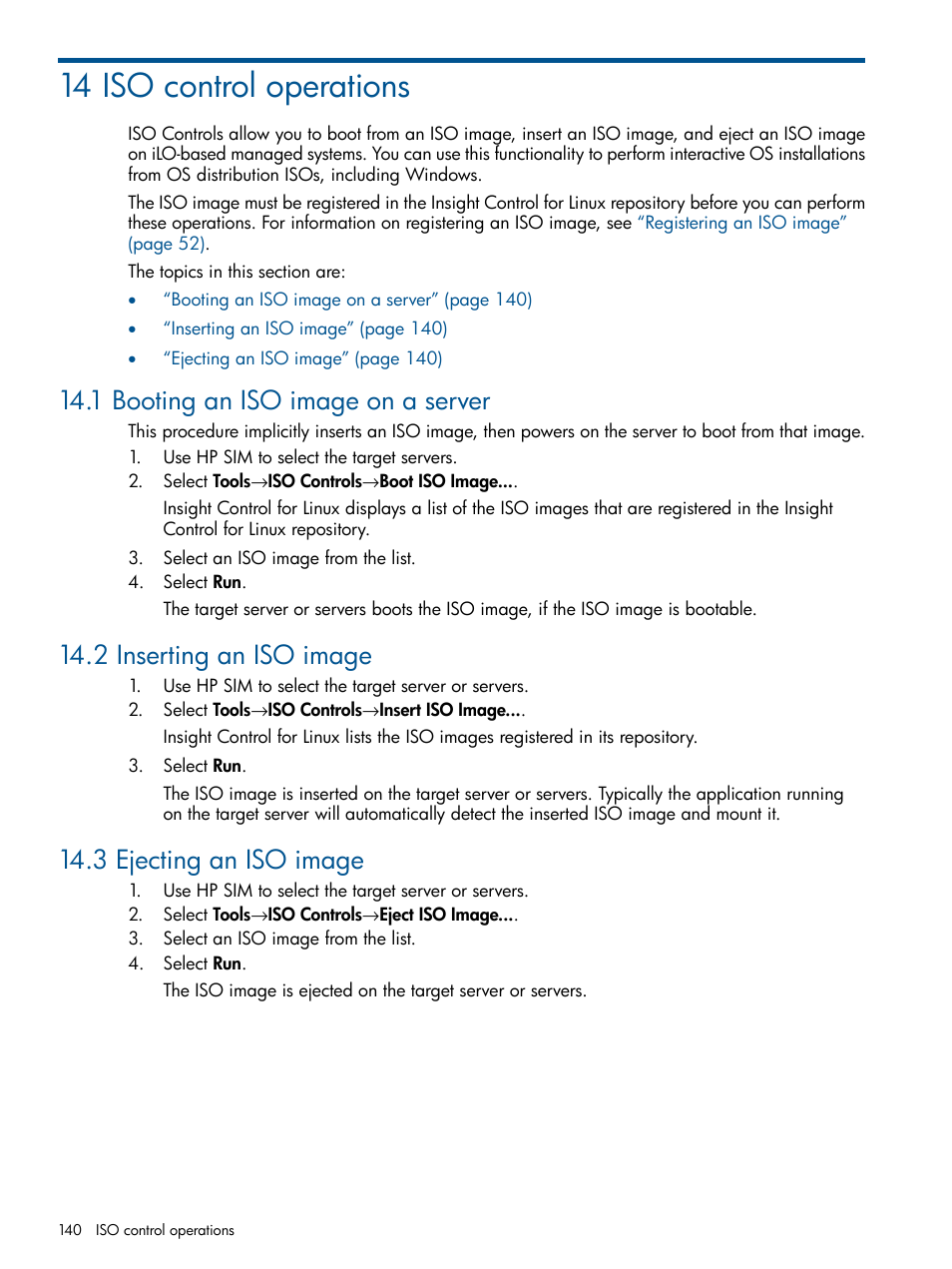 14 iso control operations, 1 booting an iso image on a server, 2 inserting an iso image | 3 ejecting an iso image, Section 14.1, Section 14.2, Section 14.3 | HP Insight Control Software for Linux User Manual | Page 140 / 273