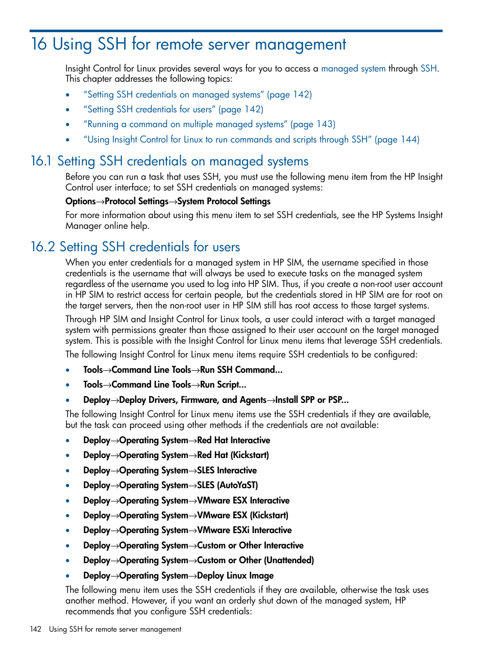 16 using ssh for remote server management, 1 setting ssh credentials on managed systems, 2 setting ssh credentials for users | HP Insight Control Software for Linux User Manual | Page 142 / 273