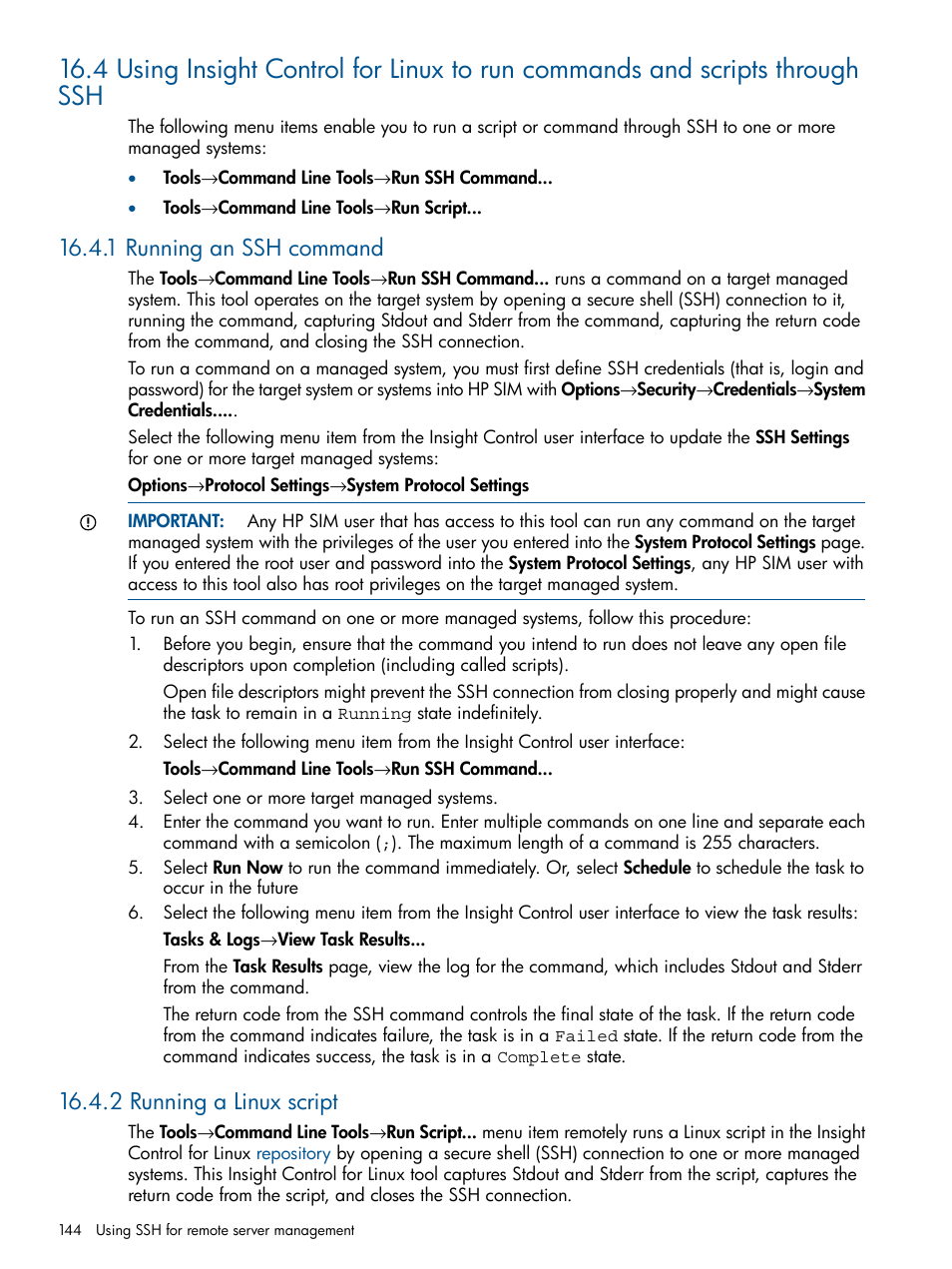 1 running an ssh command, 2 running a linux script | HP Insight Control Software for Linux User Manual | Page 144 / 273