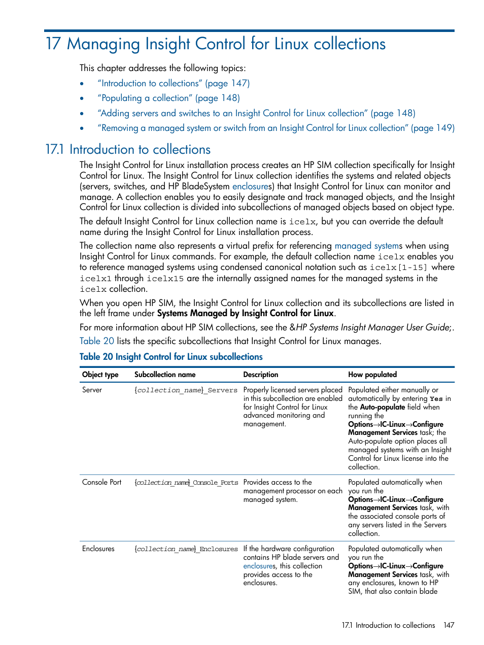 17 managing insight control for linux collections, 1 introduction to collections | HP Insight Control Software for Linux User Manual | Page 147 / 273