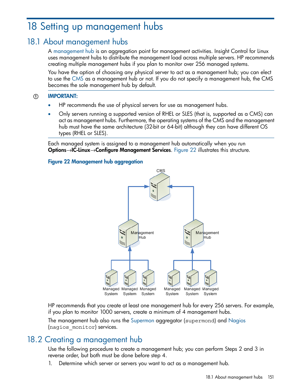 18 setting up management hubs, 1 about management hubs, 2 creating a management hub | Section 18.2 | HP Insight Control Software for Linux User Manual | Page 151 / 273