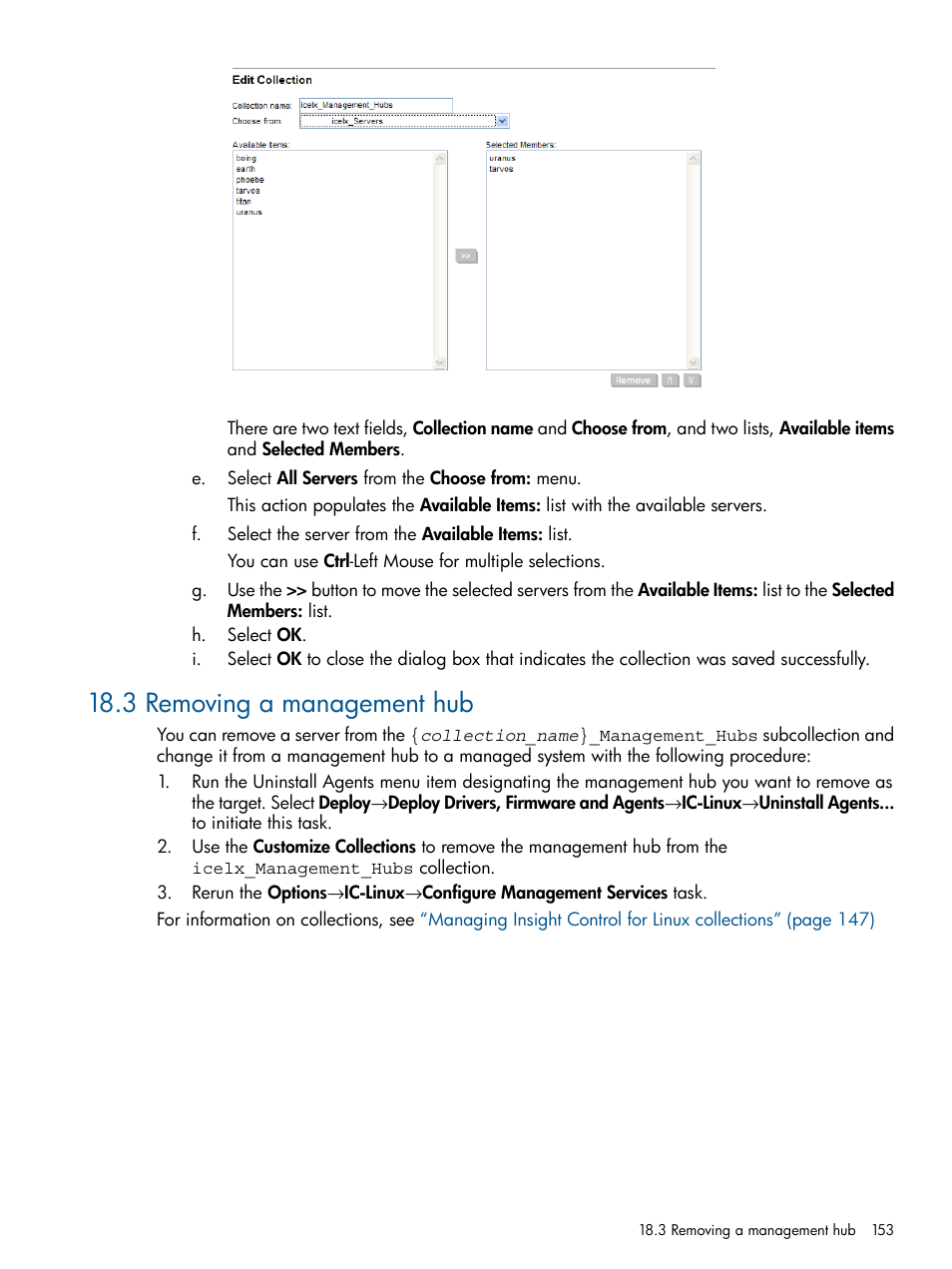 3 removing a management hub, Removing a management hub | HP Insight Control Software for Linux User Manual | Page 153 / 273