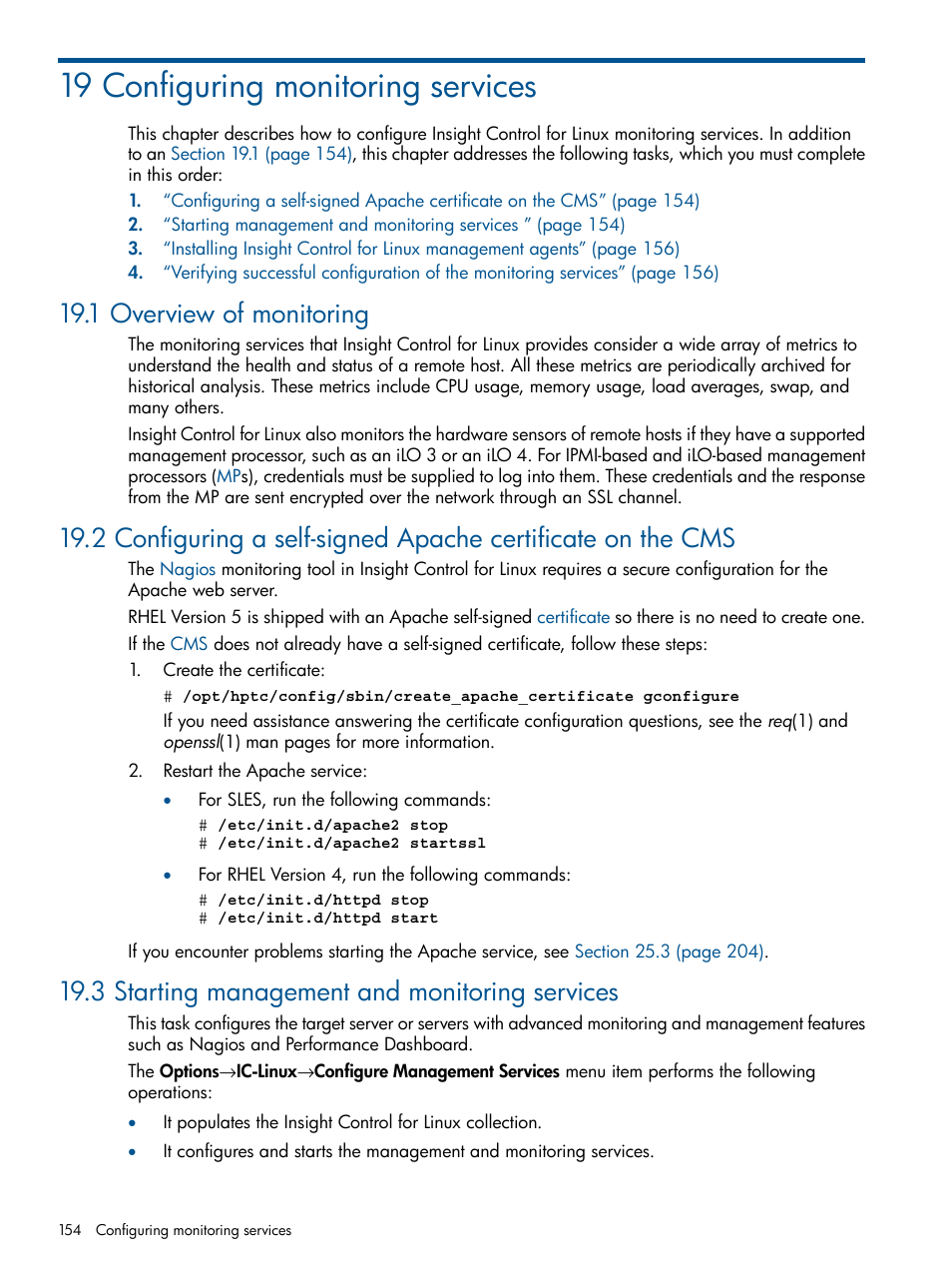 19 configuring monitoring services, 1 overview of monitoring, 3 starting management and monitoring services | HP Insight Control Software for Linux User Manual | Page 154 / 273