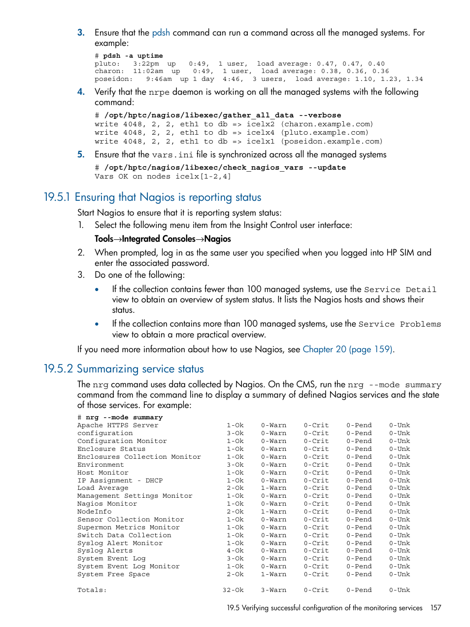 1 ensuring that nagios is reporting status, 2 summarizing service status | HP Insight Control Software for Linux User Manual | Page 157 / 273